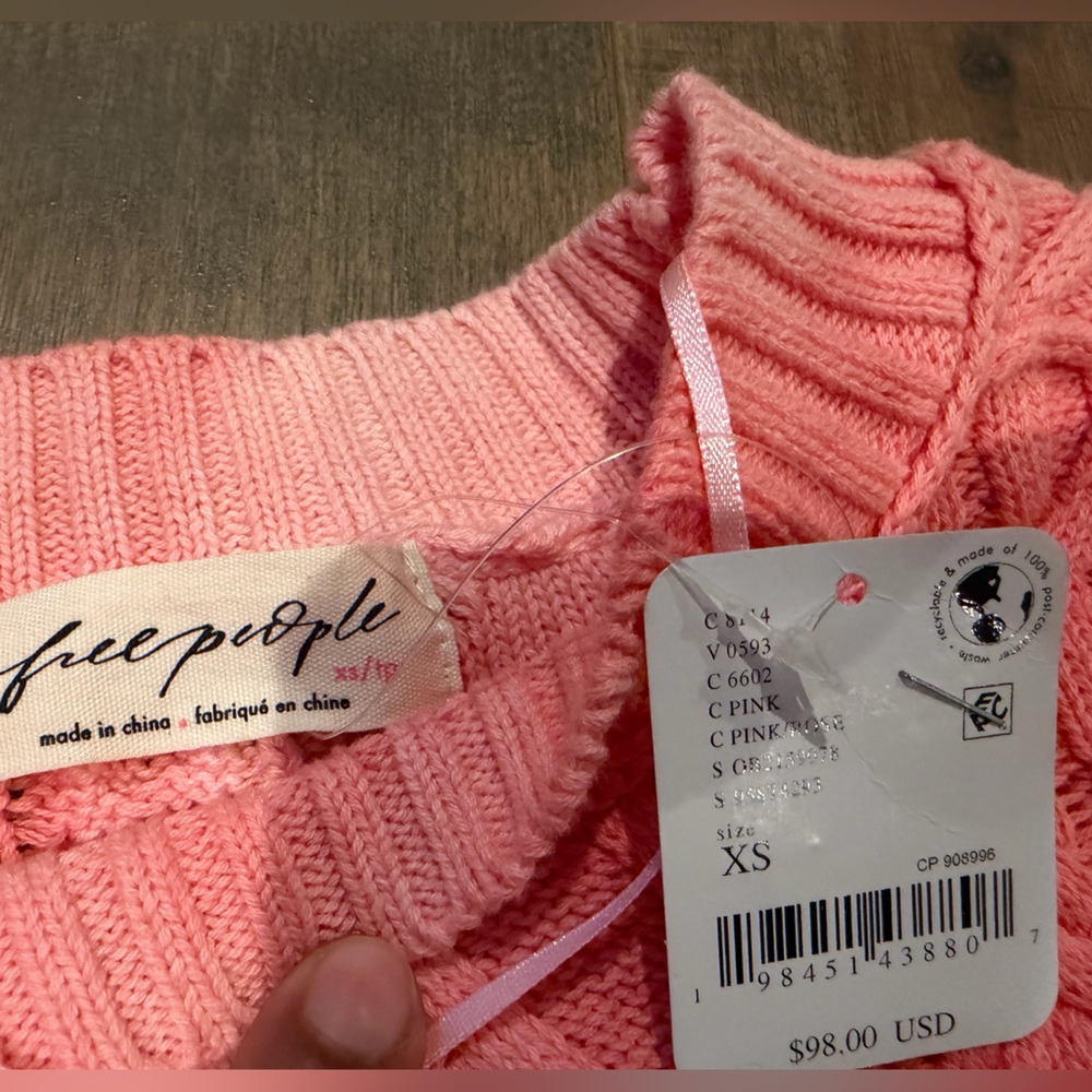 NWT Free People Washed Ashore cable stitch cotton sweater - color "Pink Rose” XS - Picture 5 of 5